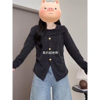 大碼胖mm法式復古不規則方領長袖針織衫收腰顯瘦設計感上衣女春裝