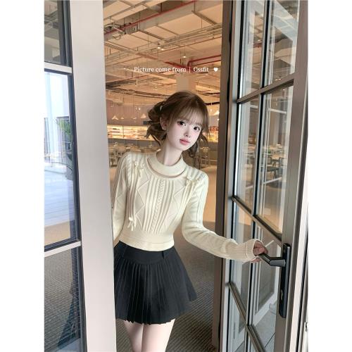 遲傘傘26/ss 蒲公英來信 白色鏤空領短款麻花針織衫細百褶短裙女