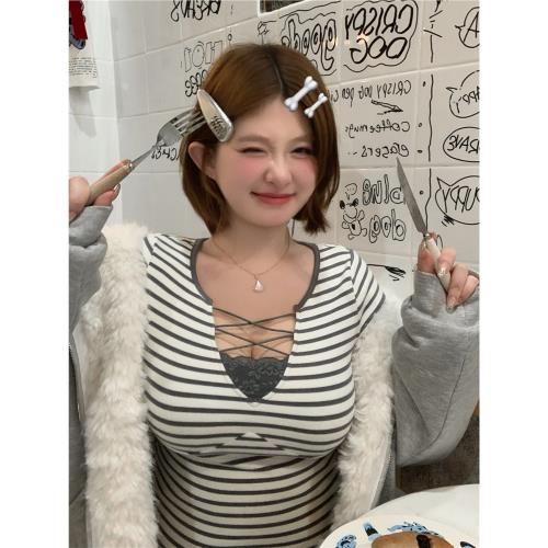 王牌雙面德絨!!!【條紋撞綁帶蕾絲!!·“雪條Tee”】小眾條紋上衣