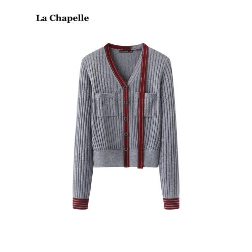 拉夏貝爾/La Chapelle撞色V領飄帶針織衫女春季新款掛脖毛衣開衫