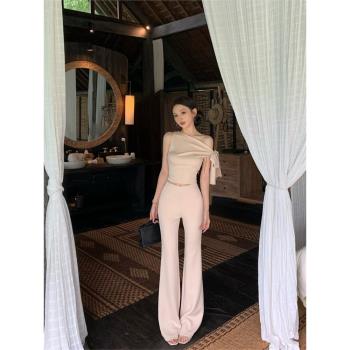 美式辣妹綁帶斜肩無袖背心上衣女夏季時尚套裝微喇叭休閑褲兩件套