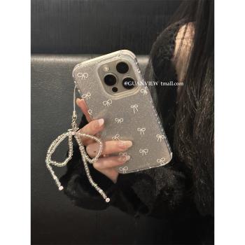 guanview ins氣質閃粉白色蝴蝶結掛件適用iPhone16promax蘋果14手機殼15透明矽膠12韓國小眾16防摔13保護套軟