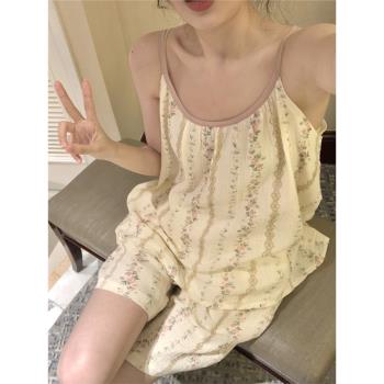 夏季韓版ins風吊帶睡衣女短褲性感純欲風純棉碎花家居服兩件套裝
