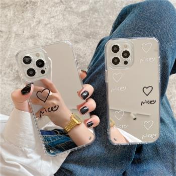 適用於蘋果15手機殼鏡面nice愛心iphone14promax新款11矽膠的12pro女x鏡頭xr全包13防摔xs套十四的plus補妝鏡