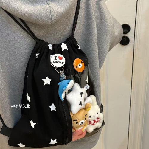 不想失業原創星星抽繩痛包小眾黑色雙肩包簡約休閑學生大容量背包