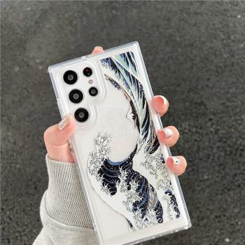 神奈川海浪適用於三星S22Ultra手機殼加厚透明防摔NOTE20Ultra簡約保護套S22+潮牌浮世繪S21男生S20FE外殼