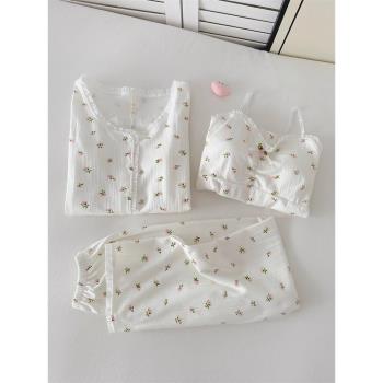甜美碎花睡衣女春秋2025新款高階感大碼帶胸墊外穿家居服三件套裝