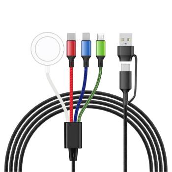 彩色編織一二拖四數據線無線充電器適用蘋果iPhone14/15/16手錶iwatch1/2/3/4/5/6/7/8/9安卓四合一充電線