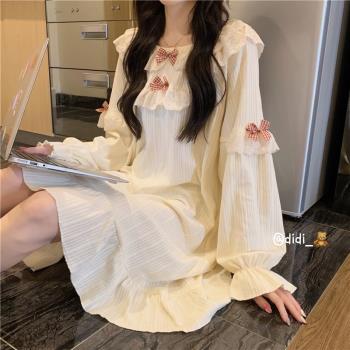 可愛公主風蕾絲蝴蝶結純棉睡裙長袖睡衣女春秋家居服外穿裙子女款