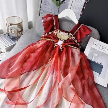 漢服女童紅色錦鯉中國風女孩重工刺繡洋裝夏季兒童公主裙子古風潮