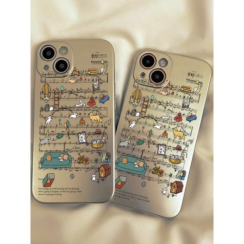 Sonun電鍍銀樂譜涂鴉14min適用蘋果16promax手機殼iphone15高級se3情侶13新款xr男xs女7G8plus保護套6S超輕薄