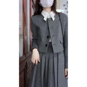 秋冬小香風套裝高級感小洋裝法式桔梗溫柔風外套裙子襯衫三件套