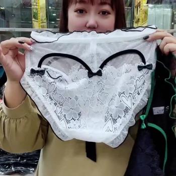 新款日系愛心紗網鏤空大碼內褲女中高腰蝴蝶結蕾絲性感舒適三角褲