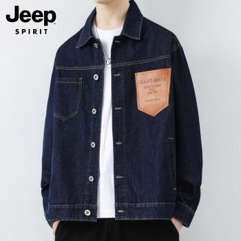 JEEP SPIRIT工裝牛仔夾克男士2025年春秋款拼接翻領痞帥外套男裝