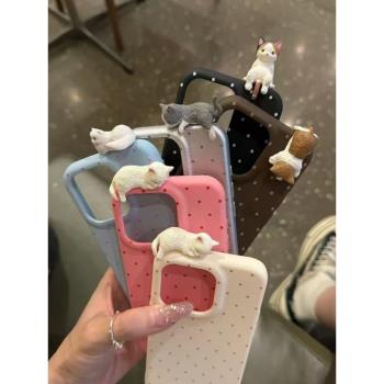 日韓波點貓咪插畫適用iPhone13promax手機殼XR皮質蘋果16promax保護套15plus/14pro防摔12/11新款xsmax創意