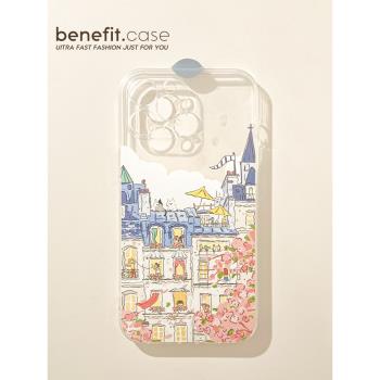 benefit油畫城鎮浪漫城堡適用於iphone16promax蘋果15PRO手機殼13新款14套12小眾11透明xsmax矽膠xr防摔8plus