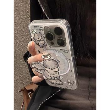 ins可愛卡通天使小狗適用iPhone13promax手機殼XR硬蘋果15pro保護套14plus/12防摔11promax新款xsmax磁吸支架