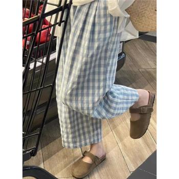 韓版ins簡約休閑格紋睡褲女夏款百搭高腰家居長褲可外穿遛彎神褲