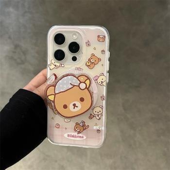強磁吸卡通小熊支架適用蘋果16PROMAX/15PRO手機殼14PRO/13mini全包鏡頭XR/iPhone16PRO可愛11/XR/78透明SE軟