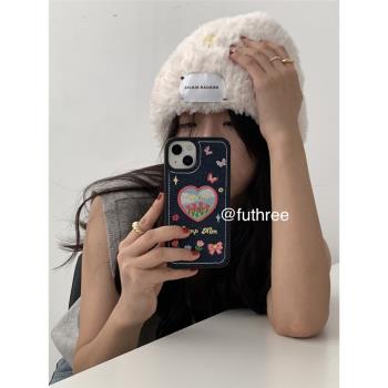 FUTHREE韓國ins甜美少女愛心花朵刺繡牛仔布秋冬適用iPhone16promax蘋果15全包邊14手機殼13防摔可愛小眾保護
