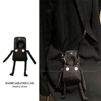 秋冬羽絨黑方塊機器人三星s23/S22Ultra手機殼s21/s20/s10+可背note20/10斜挎A54/a53掛繩A51卡通s9+適用S8十