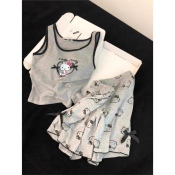 帶胸墊HelloKitty吊帶睡衣女夏季薄款背心短褲卡通可愛家居服套裝