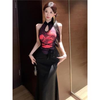 黑色旗袍晚禮服高階輕奢小眾小洋裝聚會氣質性感長裙中國風連衣裙