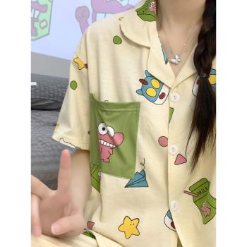 ins日系卡通睡衣女夏季純棉短袖薄款蠟筆小新鱷魚先生家居服夏款