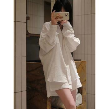 ins休閑白色紗布長袖睡衣女夏天新款短褲寬松家居服大碼純欲套裝