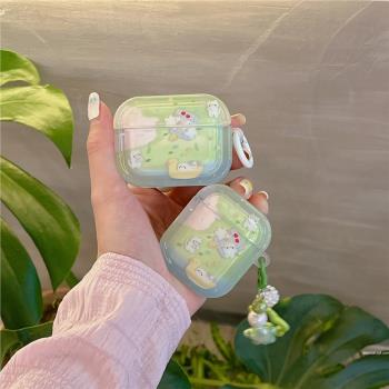 春遊河邊野餐貓咪適用airpods pro2蘋果4代無線藍牙耳機套airpods1/2代綠色清新pro新款3代防摔保護套女可愛
