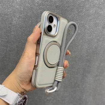 得樂適用蘋果16手機殼煙灰色旋轉支架iphone16promax電鍍皮紋15pro磁吸14輕奢男女13防摔個性高階感16plus