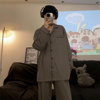 韓國高階感灰色條紋純棉男士睡衣春秋季長袖套裝青少年大碼家居服