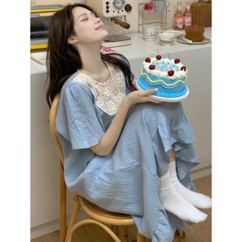 睡裙女夏季純棉短袖2023年新款網紅風甜美拼接連衣裙子睡衣家居服