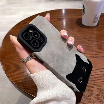 技芝 適用iPhone13 promax蘋果15 12 14手機殼11防摔xsmax新款16秋冬款黑色貓咪高階X全包Plus翻毛皮6S男女潮