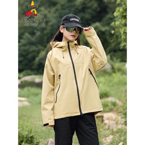 稻草人沖鋒衣女春秋單層夾克軟殼連帽外套戶外防風防水登山服男