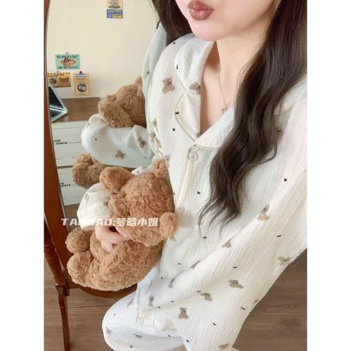 ins甜美可愛印花愛心熊長袖開衫春秋新款睡衣女簡約家居服套裝