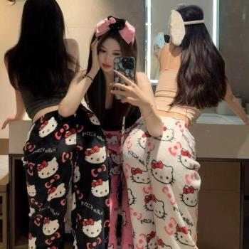 hellokitty睡褲卡通女秋冬珊瑚絨加絨保暖閨蜜裝休閑居家褲子外穿