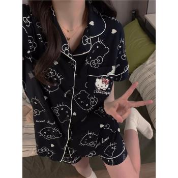 夏季黑色hellokitty睡衣女純棉短袖短褲日系小翻領薄款家居服套裝
