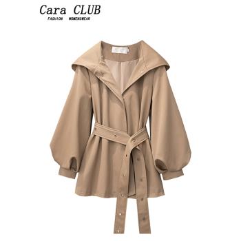Cara CLUB大碼燈籠袖風衣外套女春季時尚收腰顯瘦氣質短款上衣潮
