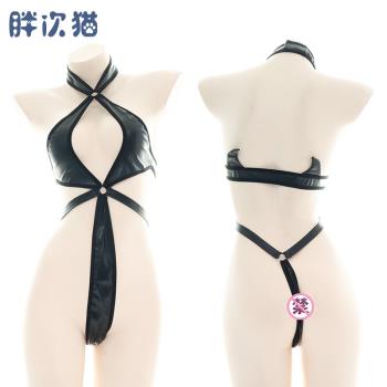 【清倉】漆皮連體比基尼 性感家居服三點式內衣睡衣高叉皮革泳衣