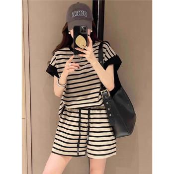 夏天短袖短褲時尚條紋睡衣女兩件套可外穿夏季休閑運動家居服套裝