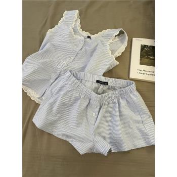 ins條紋花邊領背心睡衣少女2025夏季新款大碼吊帶短褲家居服套裝