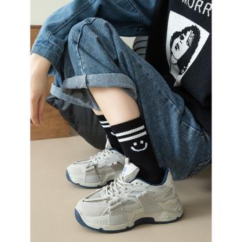 個性黑白笑臉字母條紋襪子女春夏新疆棉中筒襪韓國ins潮運動百搭