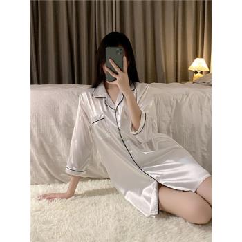 睡裙女2025睡衣春夏季冰絲薄款性感絲綢七分袖純色模擬絲綢家居服