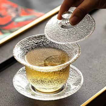 三才蓋碗茶杯三件套茶碗功夫茶具玻璃公道杯加厚耐熱泡茶碗帶蓋子