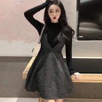 單件/套裝初秋冬季新款韓版毛呢時尚吊帶洋裝女打底毛衣兩件套