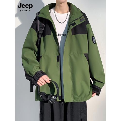 JEEP SPIRIT簡約拼接夾克男春秋美式寬松街頭潮牌沖鋒連帽外套男