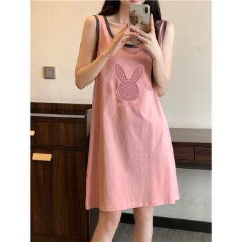 純棉無袖背心睡衣女生100%全棉中長款睡裙學生甜美可愛外穿家居服