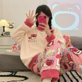 2024年珊瑚絨睡衣女秋冬季加厚加絨套裝可愛學生法蘭絨保暖家居服