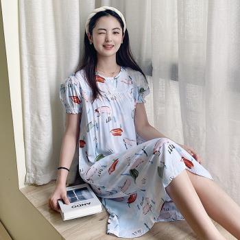 棉綢短袖睡裙女士洋裝夏季人造棉中長版大尺碼寬松可外穿薄款睡衣